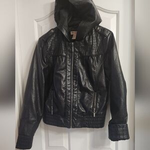 Elegant Black Hooded Leather Jacket for Women